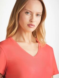 Women's V-Neck Sleep T-Shirt Lara Micro Modal Stretch Coral -Derek Rose Shop womens v neck sleep t shirt lara micro modal stretch pink neckline