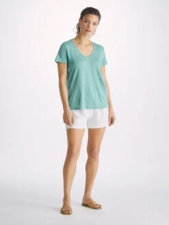 Women's V-Neck T-Shirt Jordan Linen Soft Aqua 9 Women's V-Neck T-Shirt Jordan Linen Soft Aqua -Derek Rose Shop womens v neck t shirt jordan 3 linen blue front