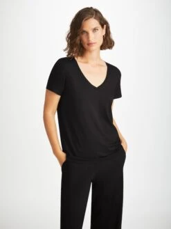 Women's V-Neck T-Shirt Lara Micro Modal Stretch Black -Derek Rose Shop womens v neck t shirt lara micro modal stretch black creative