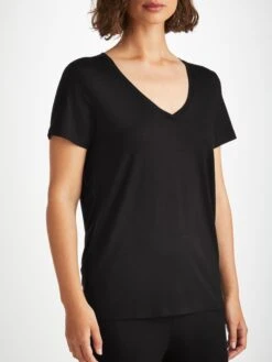 Women's V-Neck T-Shirt Lara Micro Modal Stretch Black -Derek Rose Shop womens v neck t shirt lara micro modal stretch black crop