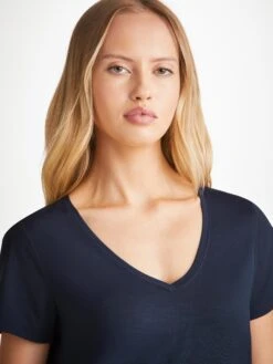 Women's V-Neck T-Shirt Lara Micro Modal Stretch Navy -Derek Rose Shop womens v neck t shirt lara micro modal stretch navy neck
