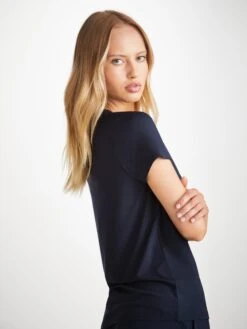 Women's V-Neck T-Shirt Lara Micro Modal Stretch Navy -Derek Rose Shop womens v neck t shirt lara micro modal stretch navy side