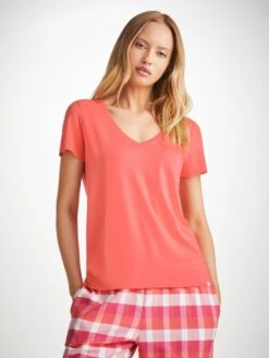 Women's V-Neck T-Shirt Lara Micro Modal Stretch Coral 11 Women's V-Neck T-Shirt Lara Micro Modal Stretch Coral -Derek Rose Shop womens v neck t shirt lara micro modal stretch pink creatve